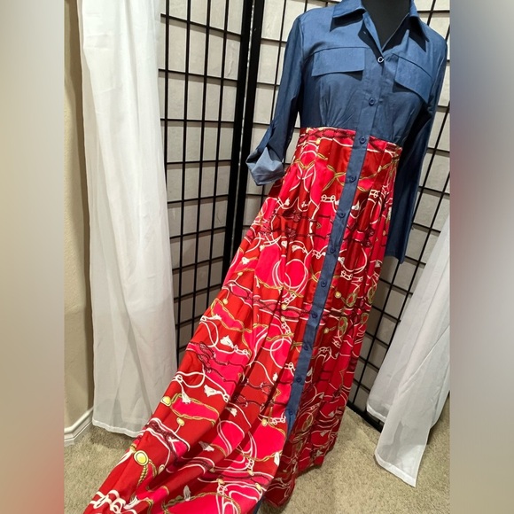 METAMORPHOSIS GIRL DENIM AND COLORFUL ABSTRACT PRINT SHIRT WAIST DRESS, SIZE S - Picture 8 of 10